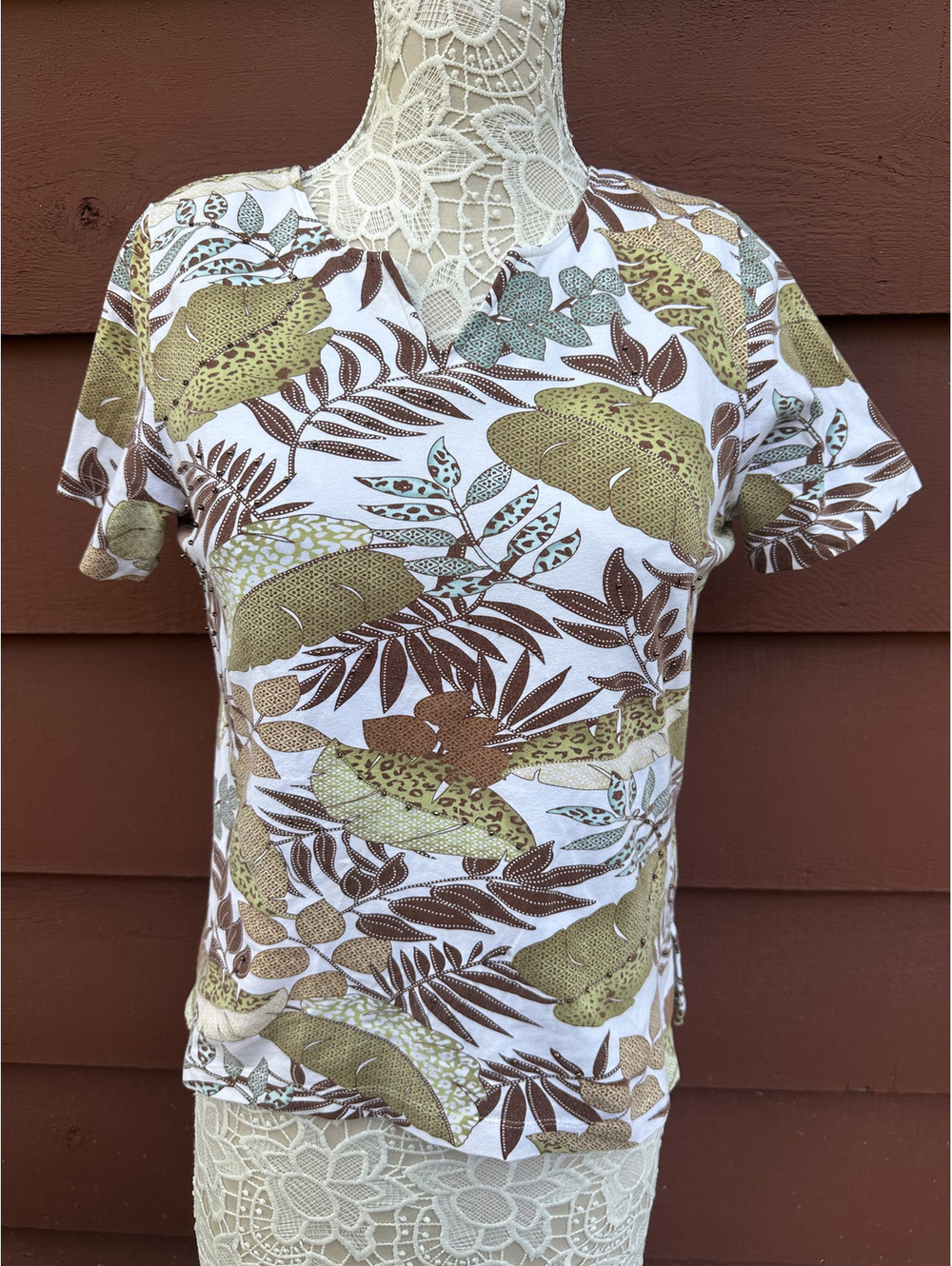 Alfred‎ Dunner Tropical Leaf Print Short Sleeve Top Boho Retro Summer